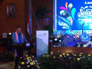 Gubernur Sulut, Olly Dondokambey sambutan saat Launching Festival Pesona Wisata Manado 2017 yang berlangsung dibalirung Soesilo Sudarman, Gedung Sapta Pesona Kementerian Pariwisata RI