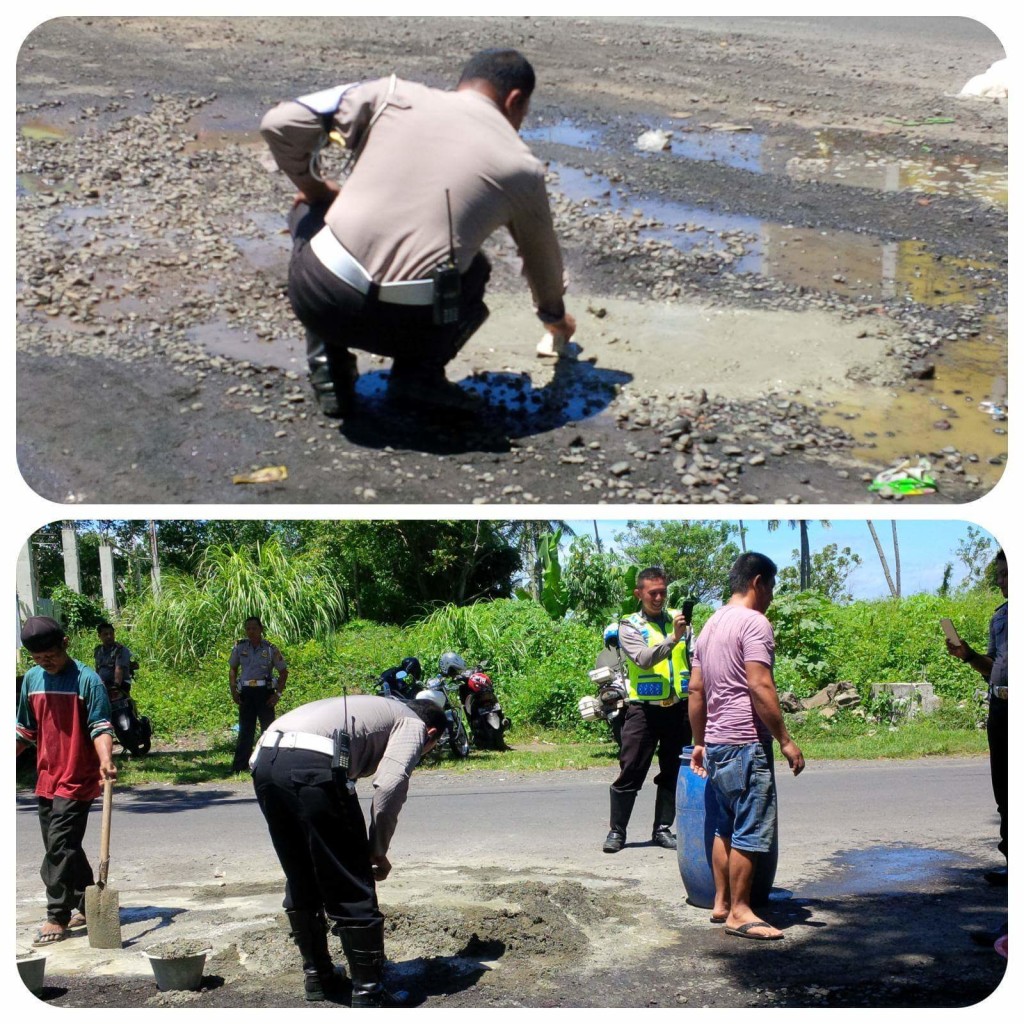 Bersama Masyarakat, Sat Lantas Polres Bitung Tampal Jalan Sarundajang‎