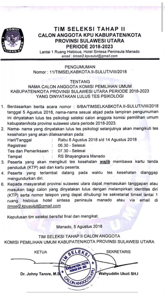 Timsel Umumkan Calon KPU Kabupaten/Kota di Sulut Lulus Tes Psikologi