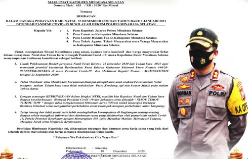 Keluarkan Maklumat Perayaan Nataru, Kapolres Minsel Minta Warga Patuhi Prokes