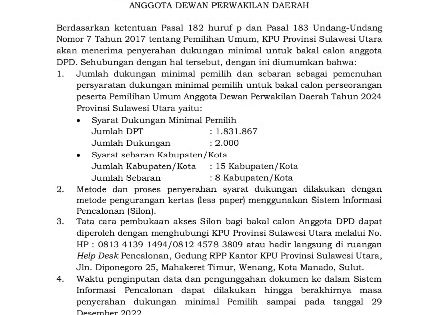 Syarat Jadi Calon DPD, Diumumkan KPU Sulut