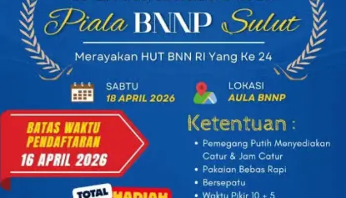 Standar Turnamen Profesional, Catur BNNP Sulut Cup 2026 Berhadiah Total Rp 35 Juta